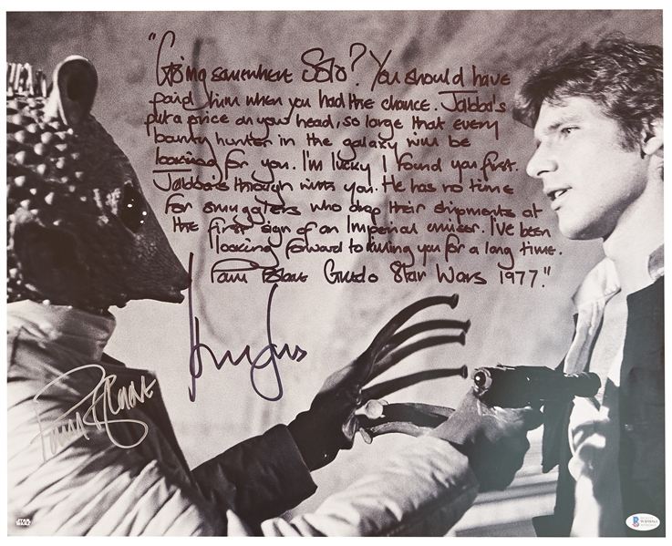 Harrison Ford & Paul Blake Signed 20'' x 16'' Photo From ''Star Wars'' -- One of the Most Memorable Scenes From the Film, With Blake Writing His Famous Monologue