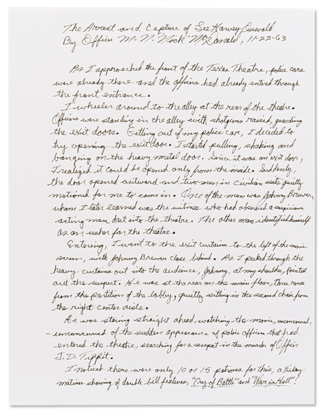 Lee Harvey Oswald Arrest Document Signed by Officer Nick McDonald, With Fascinating First-Hand Account of Oswald's Apprehension -- ''...I stared into his icy cold, steel blue eyes...''