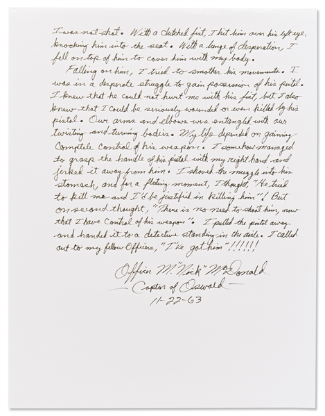 Lee Harvey Oswald Arrest Document Signed by Officer Nick McDonald, With Fascinating First-Hand Account of Oswald's Apprehension -- ''...I stared into his icy cold, steel blue eyes...''