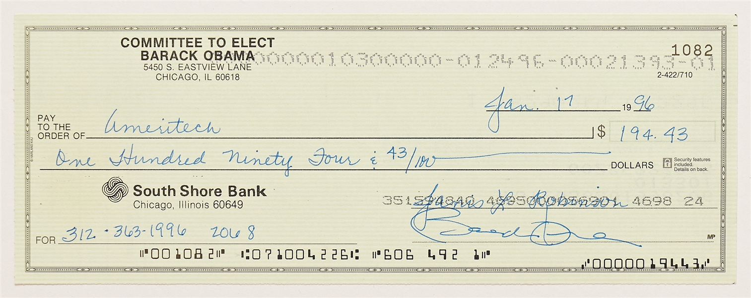 Barack Obama Check Signed from the ''Committee to Elect Barack Obama'' Bank Account