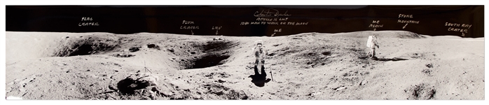 Charlie Duke Signed 40 Panoramic Photo of the Lunar Surface During the Apollo 16 Mission -- With Dukes Hand Notations