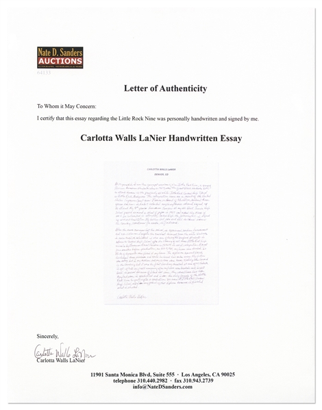 Carlotta LaNier, the Youngest of the ''Little Rock Nine'' Autograph Essay Signed -- ''...After the news cameras left...we experienced routine harassment and even violence...my home was bombed...''