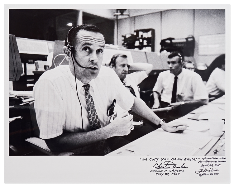 Charlie Duke and Fred Haise Signed 20'' x 16'' Photo of the Apollo 11 Mission Control -- Duke, the CAPCOM for Apollo 11, Writes ''WE COPY YOU DOWN EAGLE!''