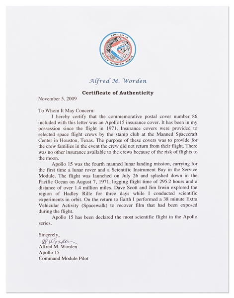 Apollo 15 Crew-Signed NASA Insurance Cover -- From Al Worden's Personal Collection, and Also With His Signed COA
