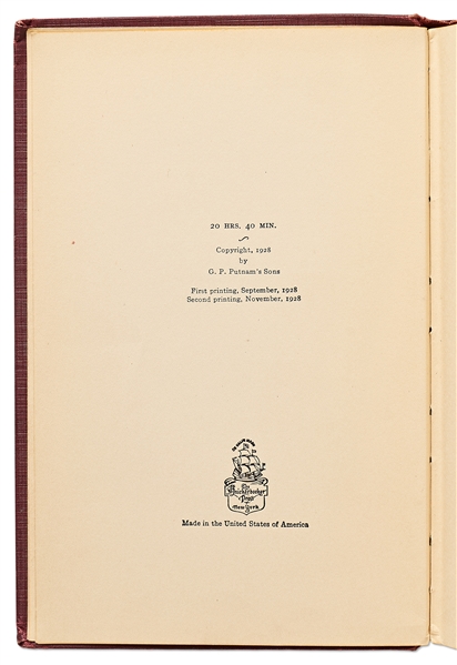 Amelia Earhart Signed First Edition of ''20 Hrs. 40 Mins.'' -- The Memoir of Her 1928 Transatlantic Flight