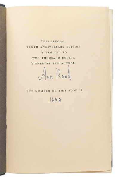 Ayn Rand Signed ''Atlas Shrugged'' -- Special 10th Anniversary Limited Edition with Rare Glassine Dust Jacket & Slipcase