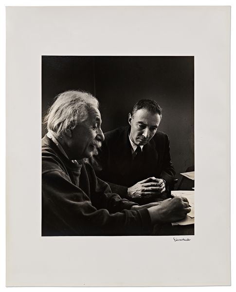 Alfred Eisenstaedt Signed 16'' x 20'' Photograph of His Portrait of Albert Einstein and Robert Oppenheimer Together, Published in ''LIFE'' Magazine