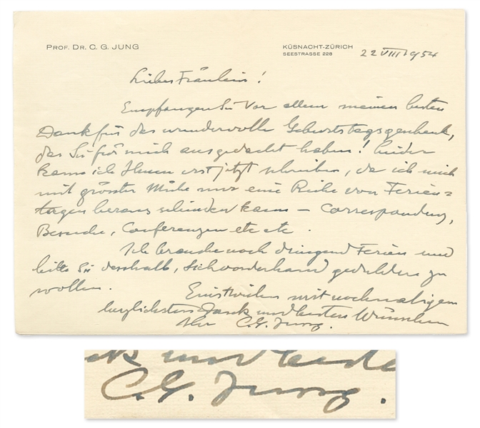 Carl Jung Autograph Letter Signed, Sending Thanks for a Birthday Present