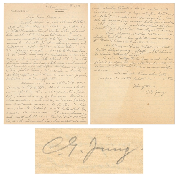 Carl Jung Autograph Letter Signed -- ''...characteristics may...be passed on in inheritance, and reincarnation or something like it may occur as well. This contradicts my previous assumptions...''