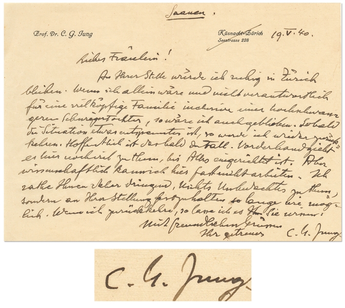 Carl Jung Autograph Letter Signed -- ''...If I had been on my own and not responsible for a large family, including a very pregnant daughter-in-law...''