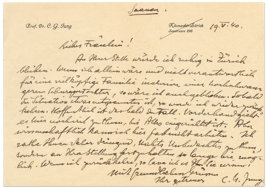 Carl Jung Autograph Letter Signed -- ''...If I had been on my own and not responsible for a large family, including a very pregnant daughter-in-law...''