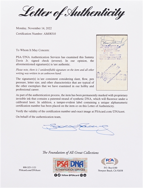 Sammy Davis Jr. Endorsed Check -- With PSA/DNA COA