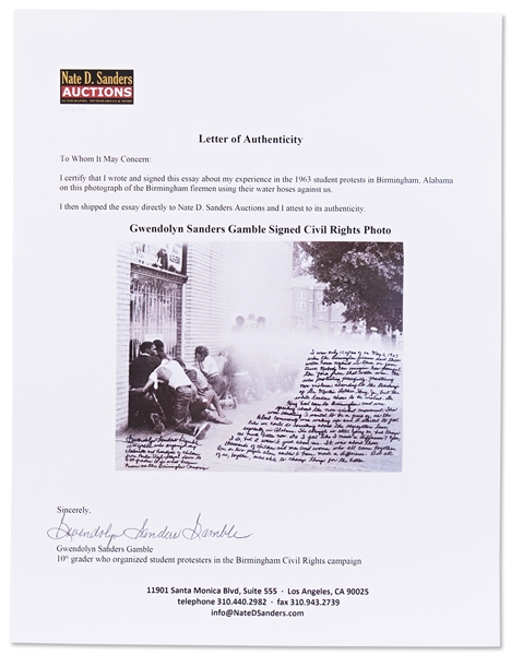 Incredible 20'' x 16'' Photo Essay Handwritten & Signed by Gwendolyn Sanders, Who Led the 1963 Student Protest in Birmingham, Alabama -- ''...Birmingham firemen used these water hoses against us...''