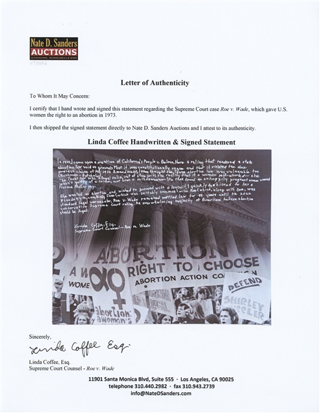 Linda Coffee Handwritten & Signed Statement on a 20'' x 16'' Photo -- Coffee Was Co-Counsel for the Supreme Court Case Roe v. Wade, Giving American Women the Right to an Abortion in 1973