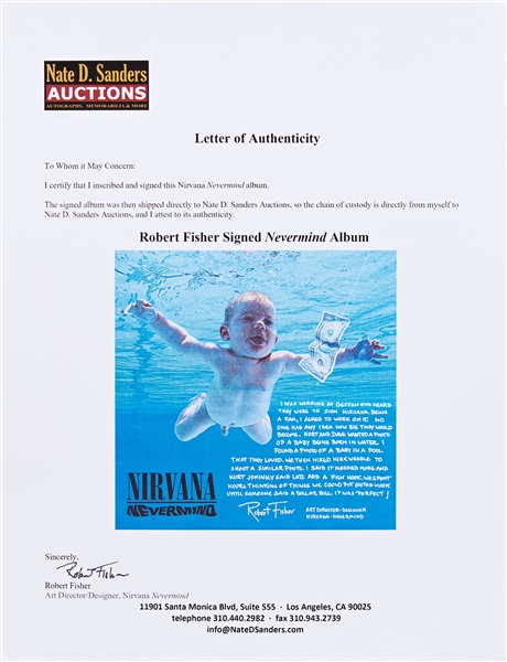 Nirvana's ''Nevermind'' LP Record Album, with a Signed Description by Art Director Robert Fisher Regarding the Famous Cover Artwork