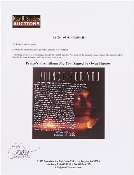 Prince's First Album ''For You'' with Handwritten Recollection by Owen Husney, the Man Who Discovered Prince -- ''...The musicianship was top notch, the guitar was funky as hell...''