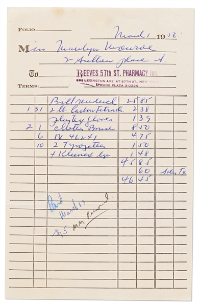 Marilyn Monroe's Drug Store Bill from 1956