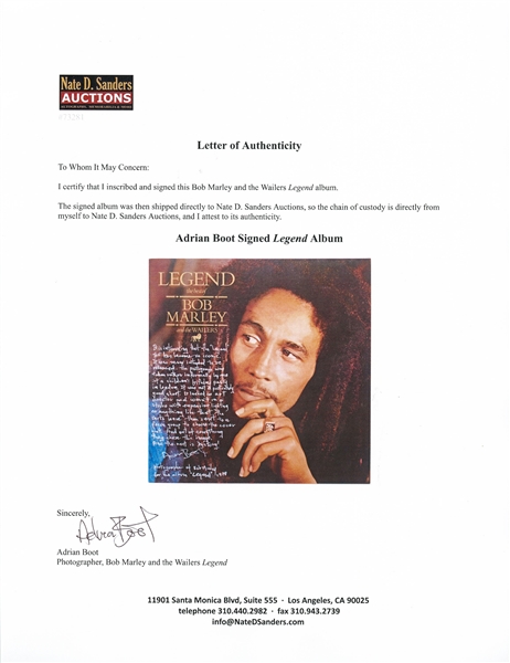 Bob Marley and the Wailers ''Legend'' Album, Signed by the Photographer Who Explains How He Captured the Iconic Shot of Marley