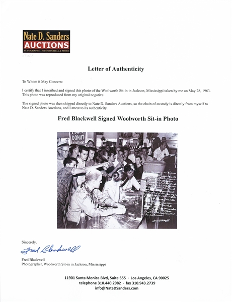 Photographer Fred Blackwell Handwritten & Signed 20'' x 16'' Photo of the 1963 Jackson, Mississippi Woolworth Sit-in -- Blackwell's Famous Photo Captured the Most Violent of the Civil Rights Sit-ins