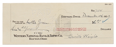 Orville Wright Check Signed and Handwritten to His Longtime Housekeeper Lottie Jones