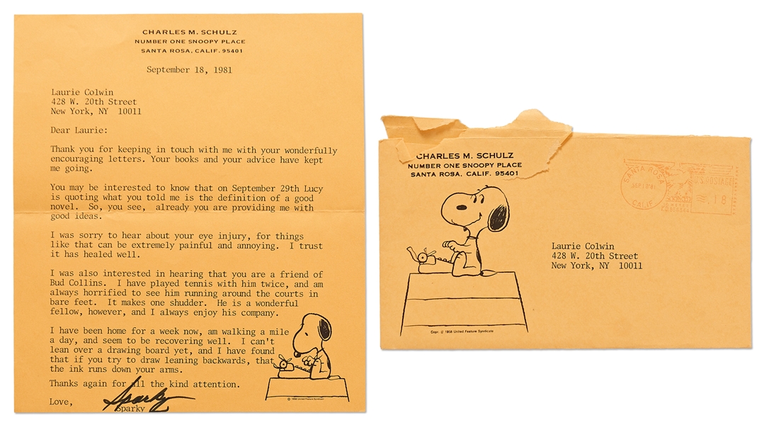 Charles Schulz Letter Signed ''Sparky'' -- ''...I have found that if you try to draw leaning backwards, that the ink runs down your arms...''