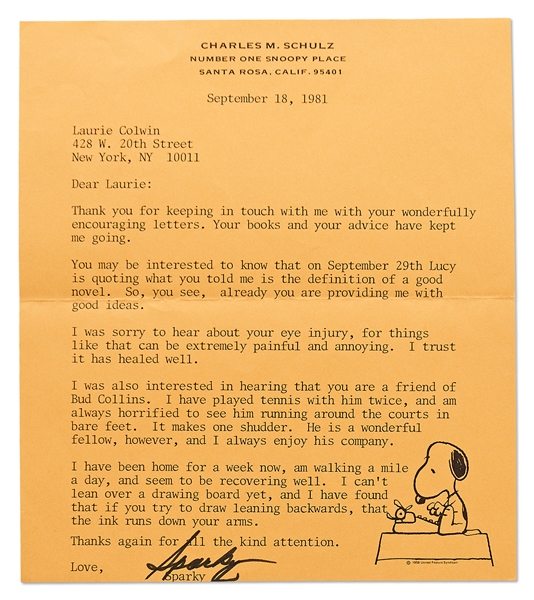 Charles Schulz Letter Signed ''Sparky'' -- ''...I have found that if you try to draw leaning backwards, that the ink runs down your arms...''