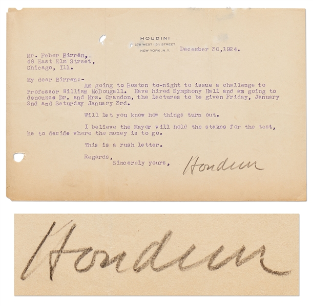 Harry Houdini Letter Signed, Regarding His Debunking of Famous Psychic Mina Crandon -- ''...am going to denounce Dr. and Mrs. Crandon...''