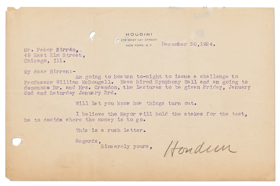 Harry Houdini Letter Signed, Regarding His Debunking of Famous Psychic Mina Crandon -- ''...am going to denounce Dr. and Mrs. Crandon...''