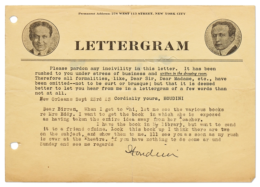 Harry Houdini Letter Signed -- ''...let me see the various books re Mrs Eddy. I want to get the book in which she is exposed...''