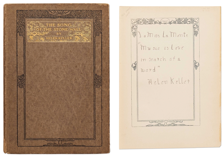 Helen Keller Signed First Edition of Her Poem, ''The Song of The Stone Wall'' -- ''Music is love in search of a word''