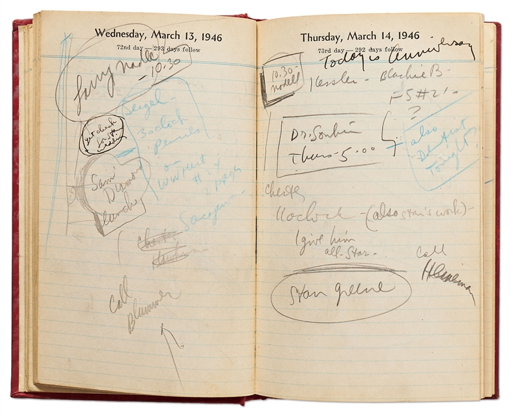 Sheldon Mayer's 1946 Day Planner as Editor of All-American Publications -- Nearly Every Day Filled-in With Dozens of Artists & Strips Like Flash & Green Lantern -- With Idea of Wonder Woman as a Girl