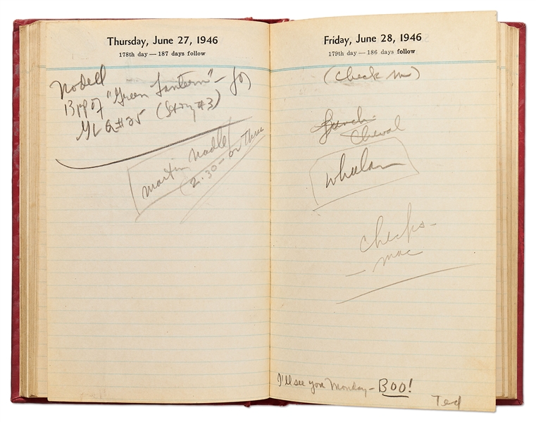 Sheldon Mayer's 1946 Day Planner as Editor of All-American Publications -- Nearly Every Day Filled-in With Dozens of Artists & Strips Like Flash & Green Lantern -- With Idea of Wonder Woman as a Girl