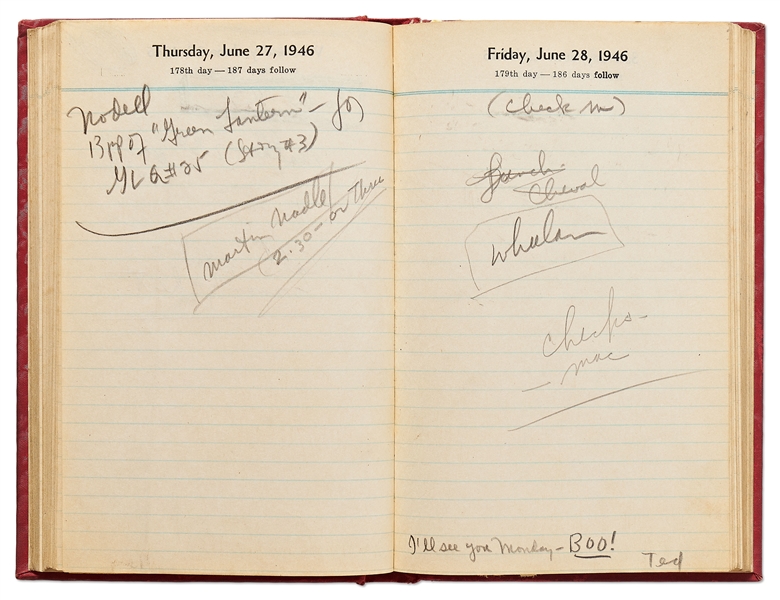 Sheldon Mayer's 1946 Day Planner as Editor of All-American Publications -- Nearly Every Day Filled-in With Dozens of Artists & Strips Like Flash & Green Lantern -- With Idea of Wonder Woman as a Girl