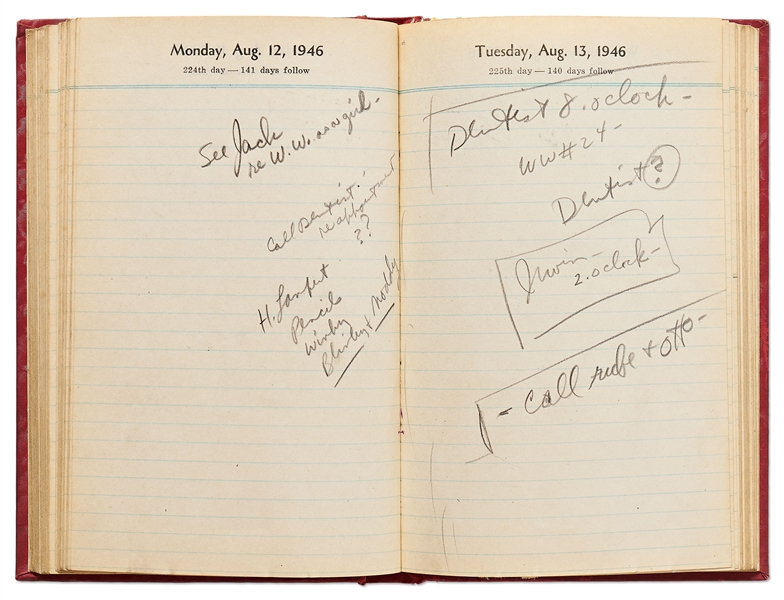 Sheldon Mayer's 1946 Day Planner as Editor of All-American Publications -- Nearly Every Day Filled-in With Dozens of Artists & Strips Like Flash & Green Lantern -- With Idea of Wonder Woman as a Girl