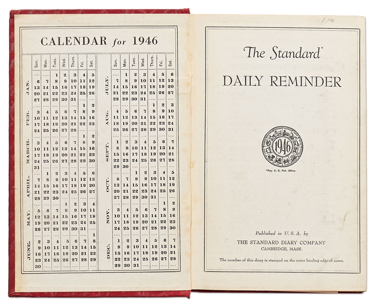 Sheldon Mayer's 1946 Day Planner as Editor of All-American Publications -- Nearly Every Day Filled-in With Dozens of Artists & Strips Like Flash & Green Lantern -- With Idea of Wonder Woman as a Girl