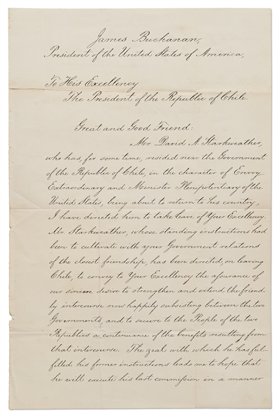 James Buchanan Letter Signed as President to the President of Chile