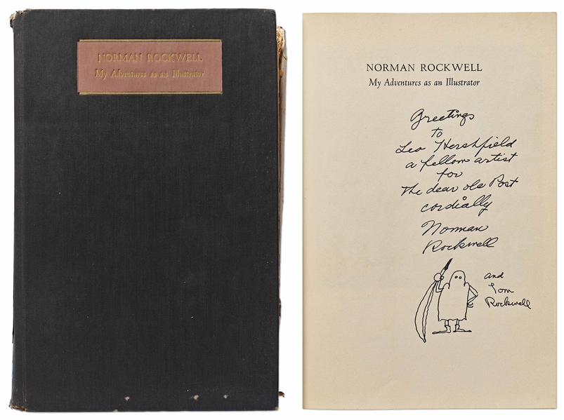 Norman Rockwell Signed First Edition of ''My Adventures as an Illustrator'' -- With Hand-Drawn Caricature Sketch by Rockwell of a Medieval Knight