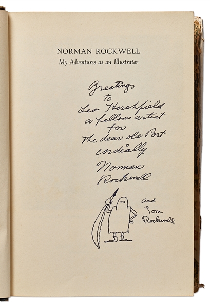 Norman Rockwell Signed First Edition of ''My Adventures as an Illustrator'' -- With Hand-Drawn Caricature Sketch by Rockwell of a Medieval Knight