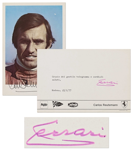 Enzo Ferrari Signed Postcard -- Scuderia Ferrari Postcard from 1977 Features Carlos Reutemann for Ferrari's Formula One Team