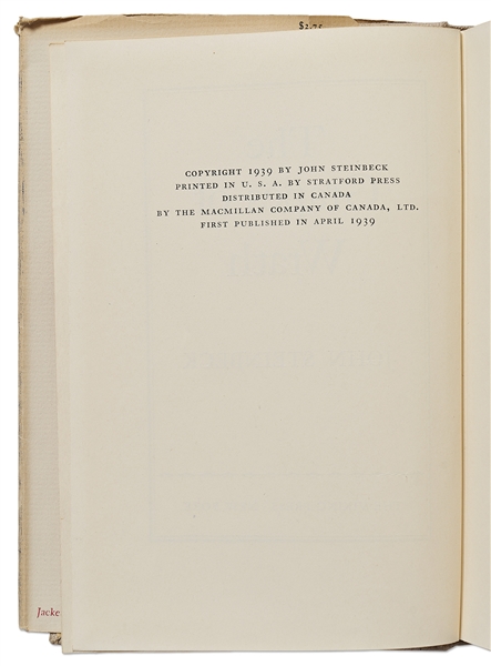 John Steinbeck's ''The Grapes of Wrath'' First Edition, First Printing in First Printing Dust Jacket -- Pristine, Near Fine Condition