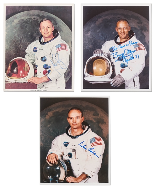 Apollo 11 Crew-Signed White Spacesuit Photos -- Each Photo Uninscribed -- With Zarelli COA for Neil Armstrong Signed Photo