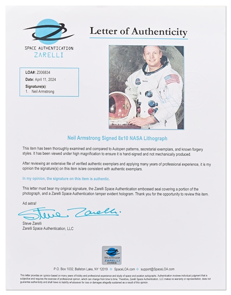 Apollo 11 Crew-Signed White Spacesuit Photos -- Each Photo Uninscribed -- With Zarelli COA for Neil Armstrong Signed Photo