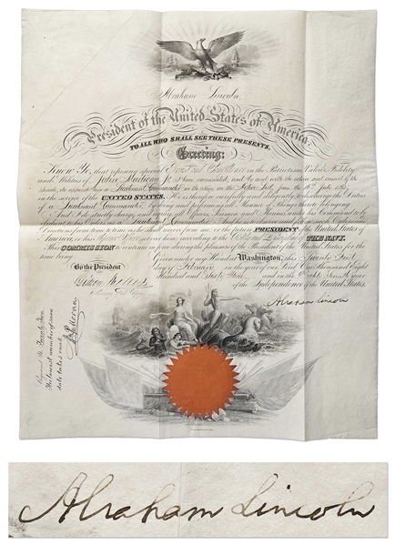 Abraham Lincoln Naval Appointment Signed as President -- With Large, Full ''Abraham Lincoln'' Signature