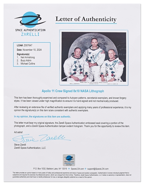 Apollo 11 Crew-Signed Official Mission Portrait -- Without Inscription & Near Fine -- With Zarelli COA for All 3 Signatures