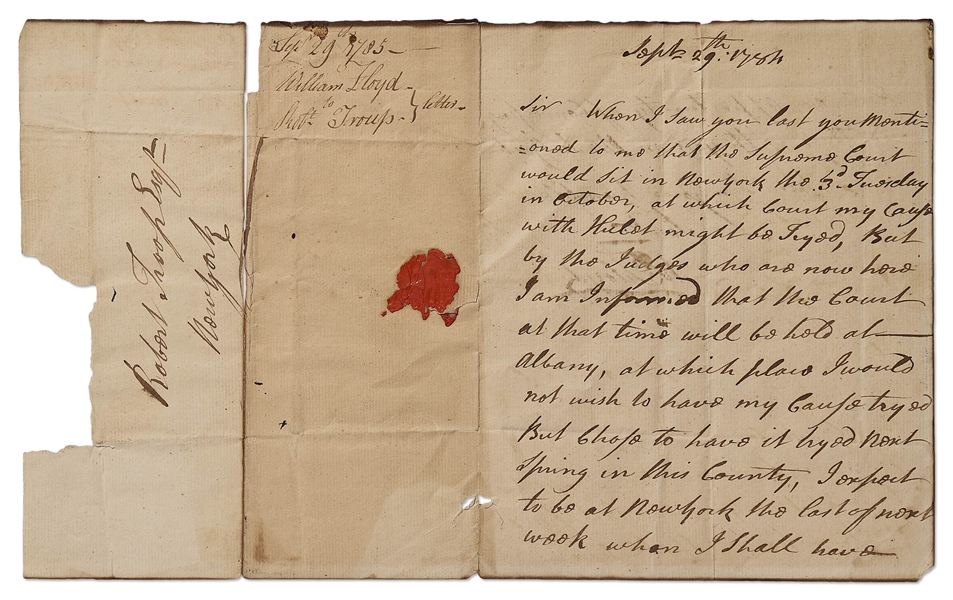 DOI Signer & Revolutionary War General William Floyd Autograph Letter Signed -- ''...the Supreme Court would sit in New York the 3rd Tuesday in October, at which Court my cause...might be tryed...''