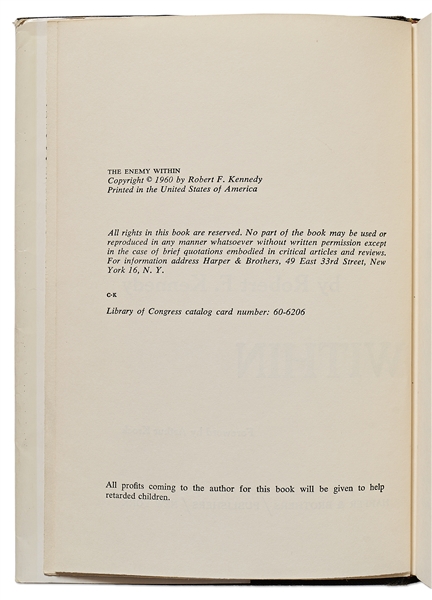 Robert F. Kennedy Signed First Edition of ''The Enemy Within'' -- Without Inscription