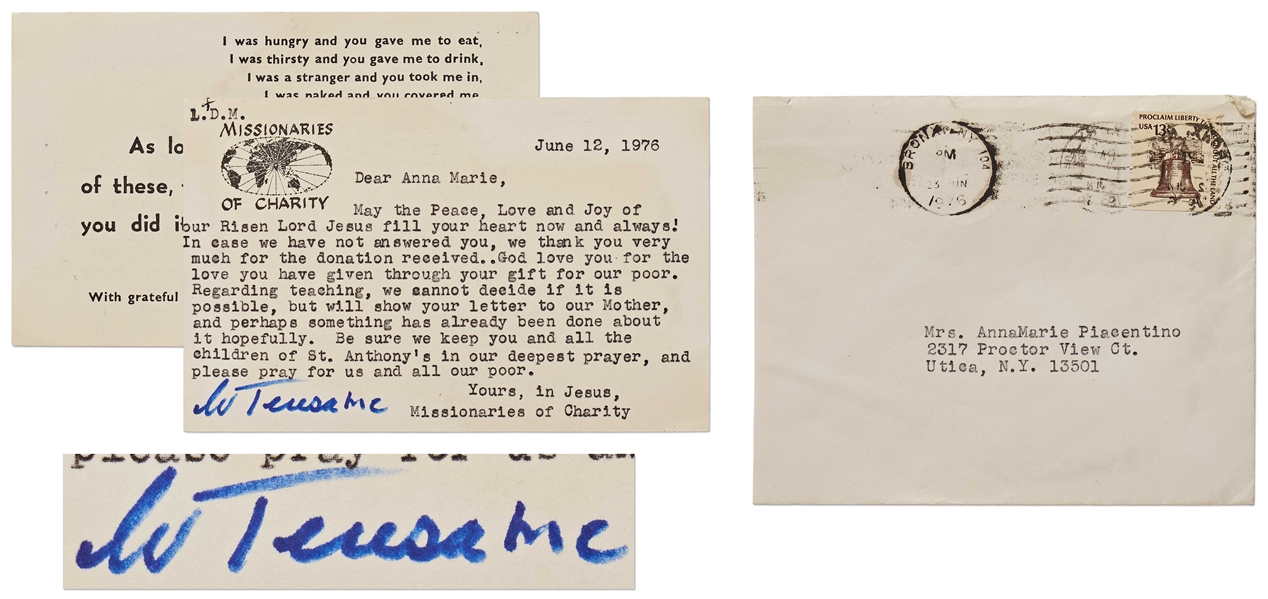 Mother Teresa Letter Signed from 1976, Thanking a Supporter Who Also Wishes to Teach