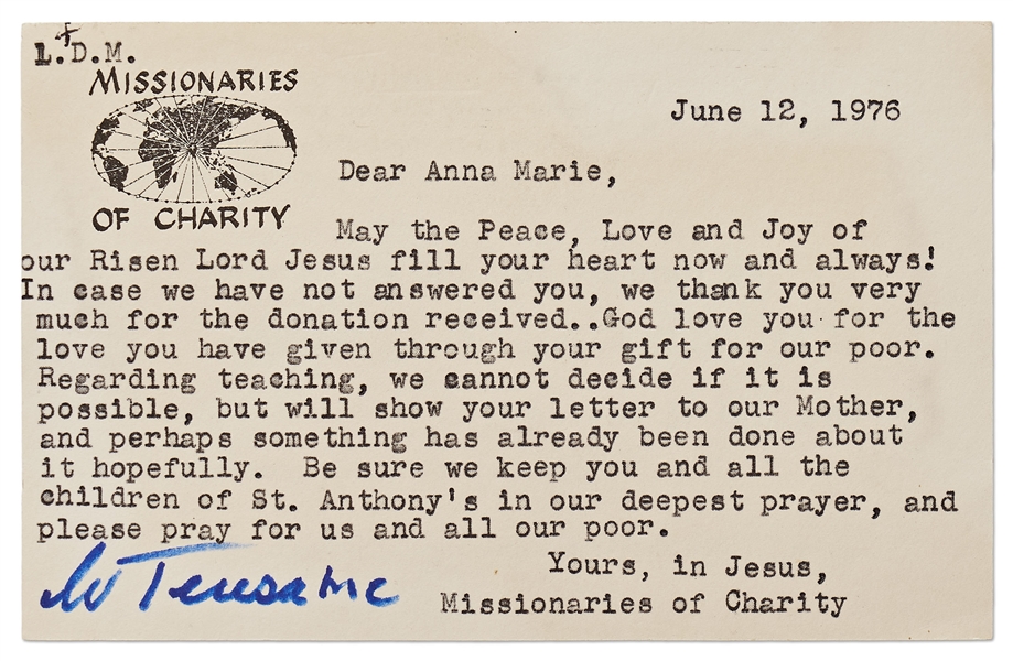 Mother Teresa Letter Signed from 1976, Thanking a Supporter Who Also Wishes to Teach