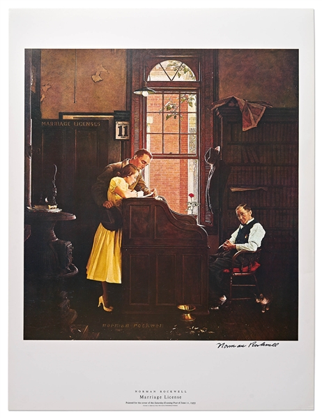 Norman Rockwell Signed Lithograph of His Famous Painting ''Marriage License'' -- Measures 19'' x 25''