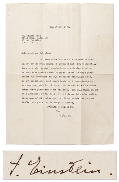 Albert Einstein Letter Signed from 1938 Regarding a Jewish Woman Immigrating to the United States from Europe -- With PSA/DNA COA